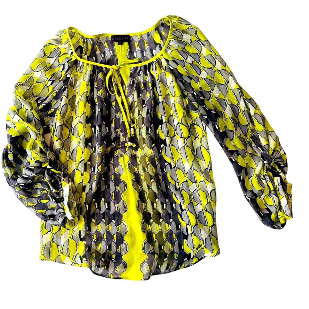 Hale Bob 100% Silk Womens Blouse Beaded Tassle S Lightweight Resort Vaca